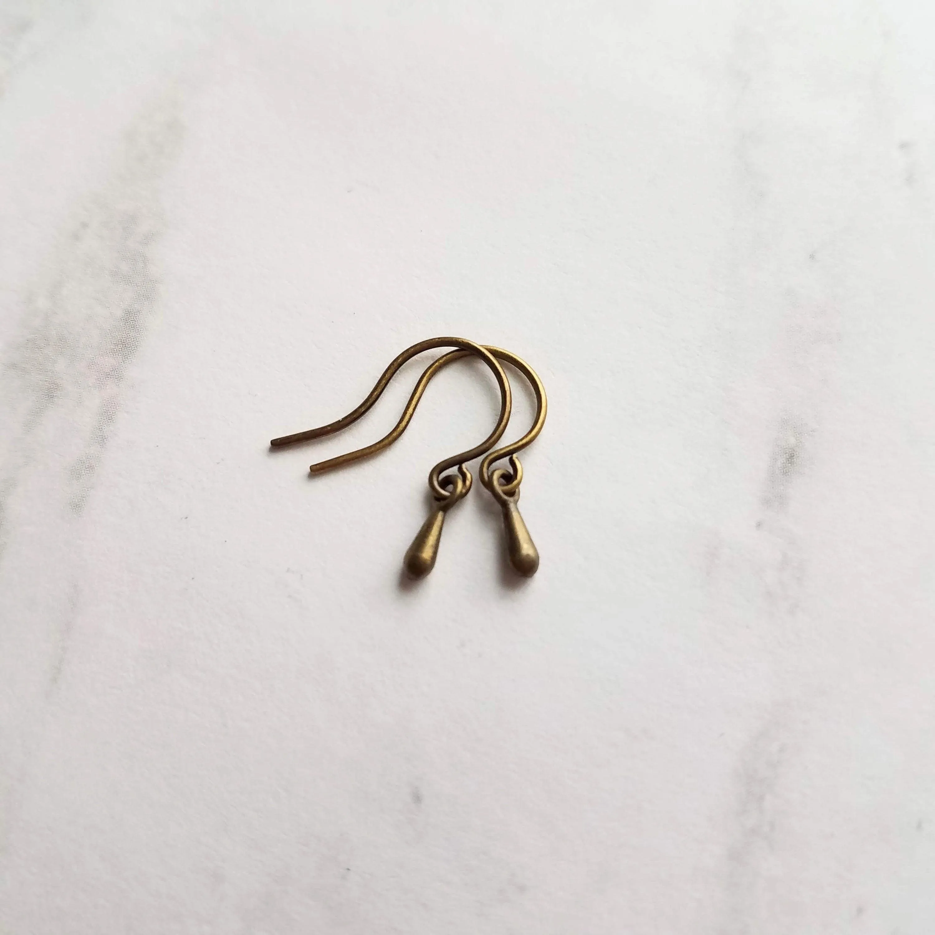 Antique Brass Drop Earrings, very tiny teardrops, bronze drop earring, small ear hooks, dainty earring, little brass earring delicate dangle