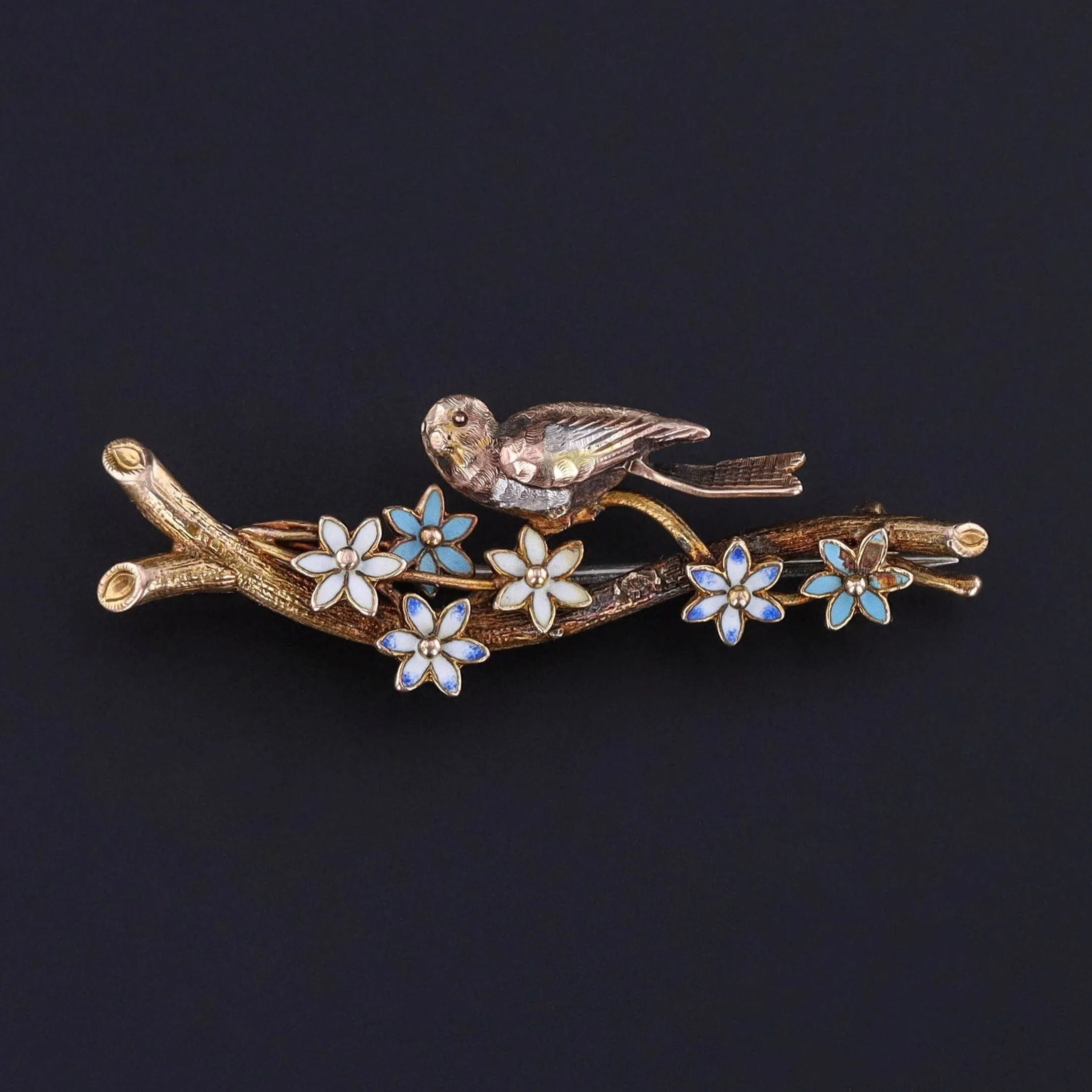 Antique Enamel Bird Brooch of 18k Gold