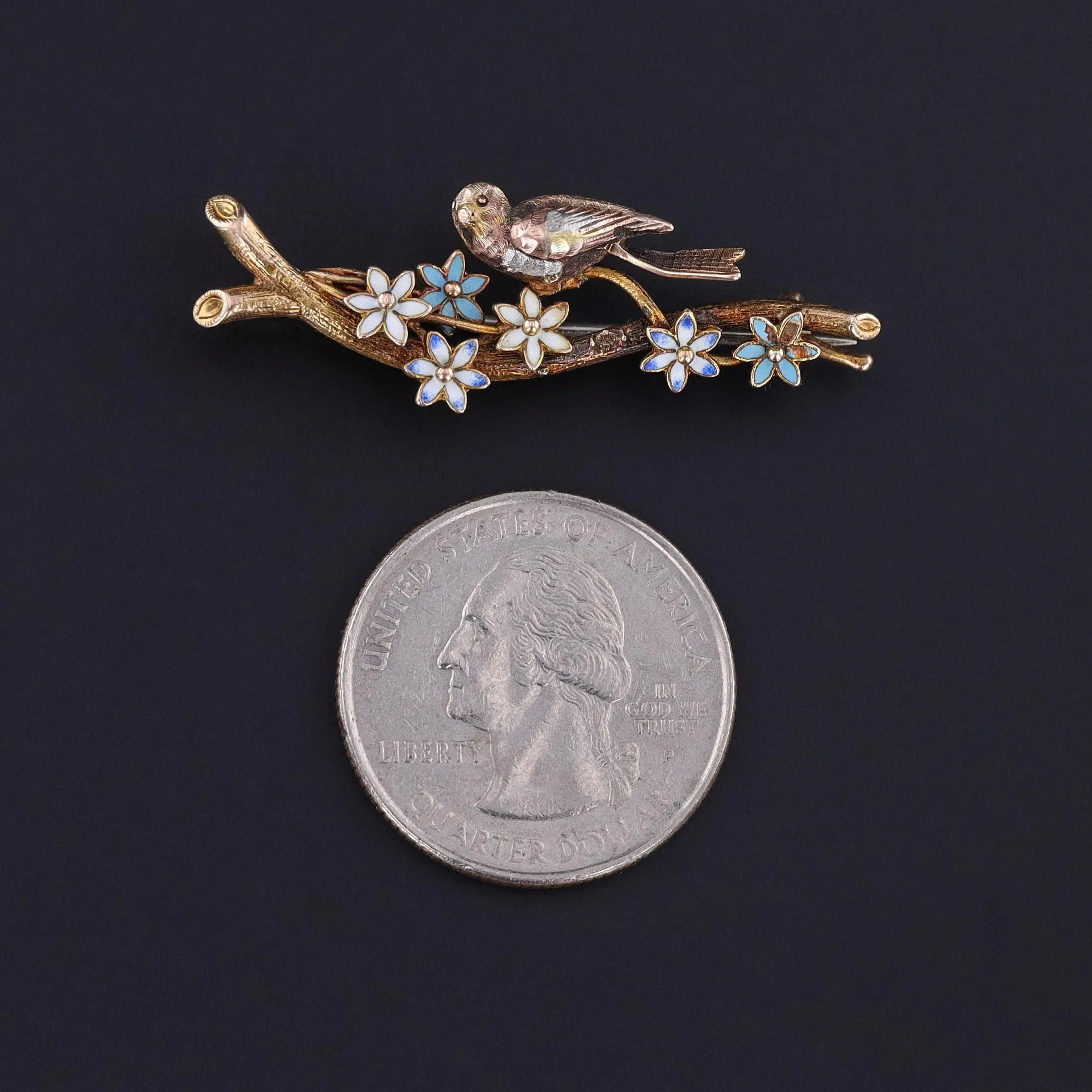 Antique Enamel Bird Brooch of 18k Gold