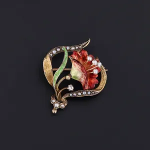 Antique Enamel Flower Brooch of 14k Gold