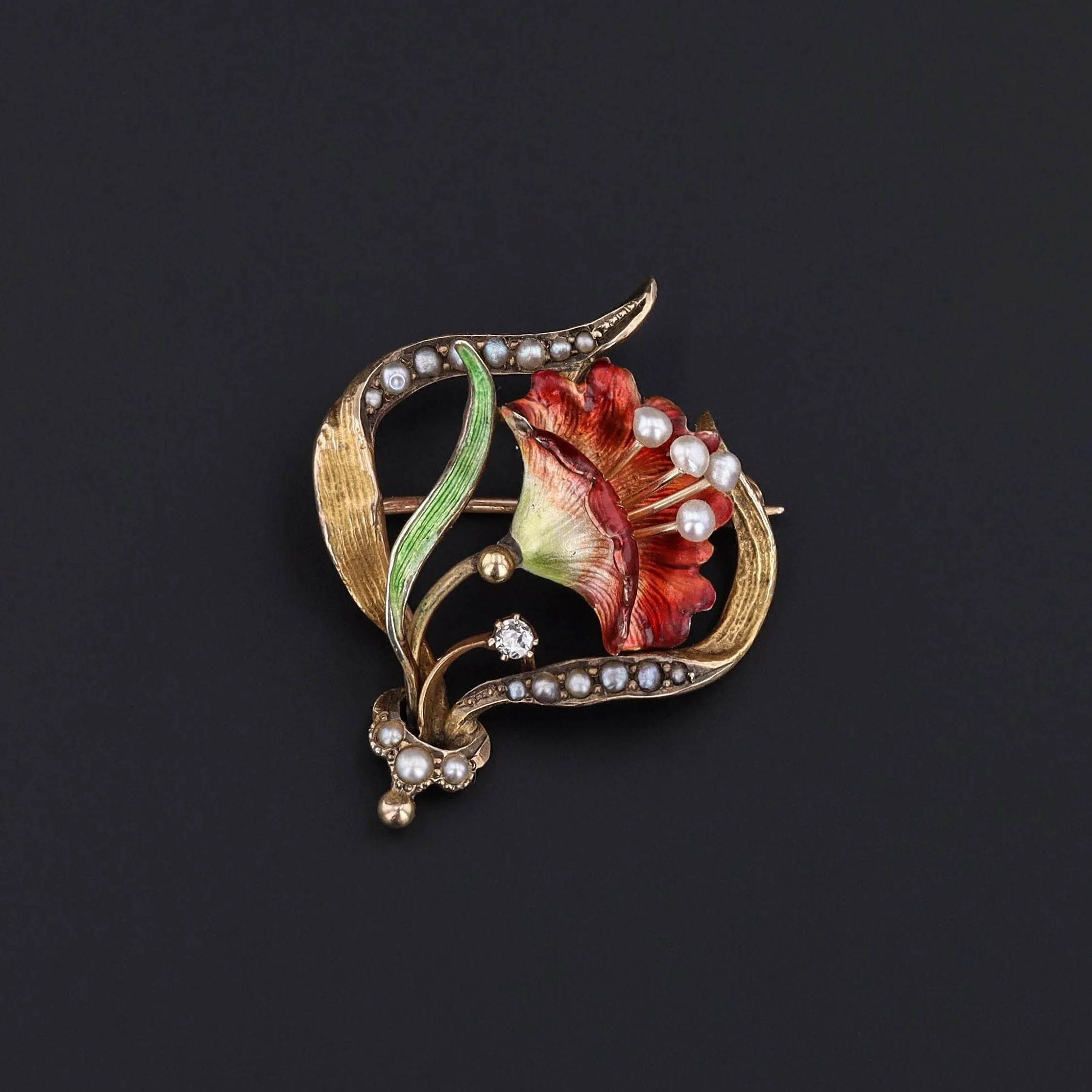 Antique Enamel Flower Brooch of 14k Gold