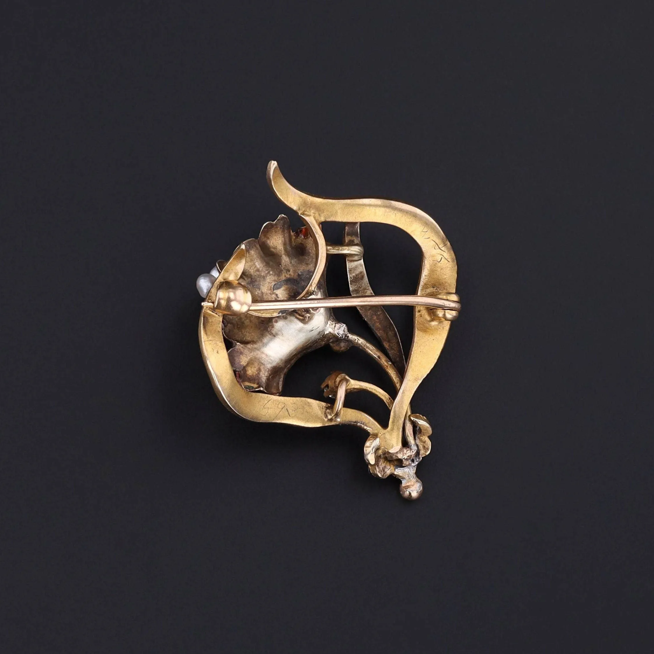 Antique Enamel Flower Brooch of 14k Gold