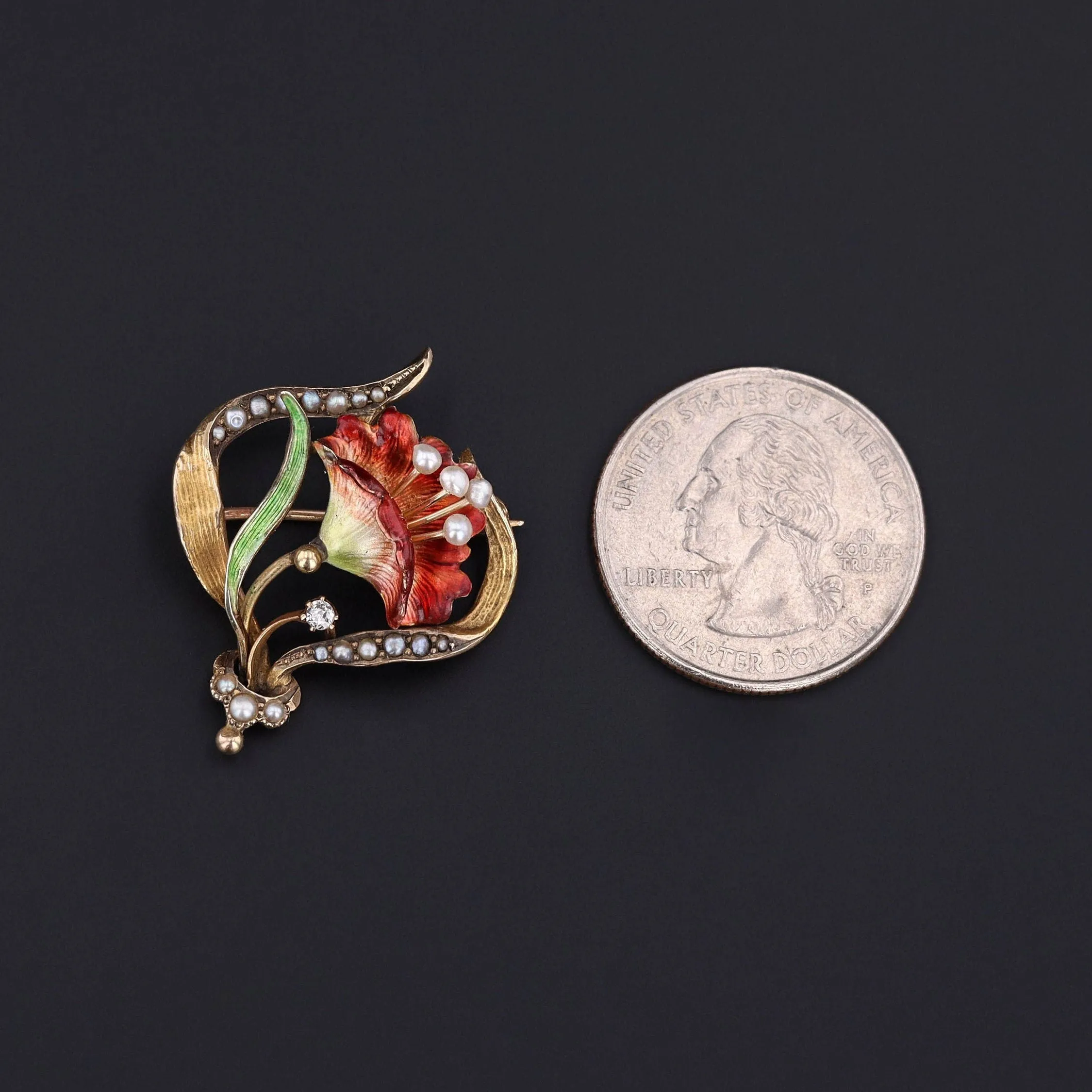 Antique Enamel Flower Brooch of 14k Gold