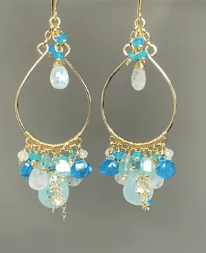 Aqua and Moonstone Statement Hoop Chandelier Earrings Gold
