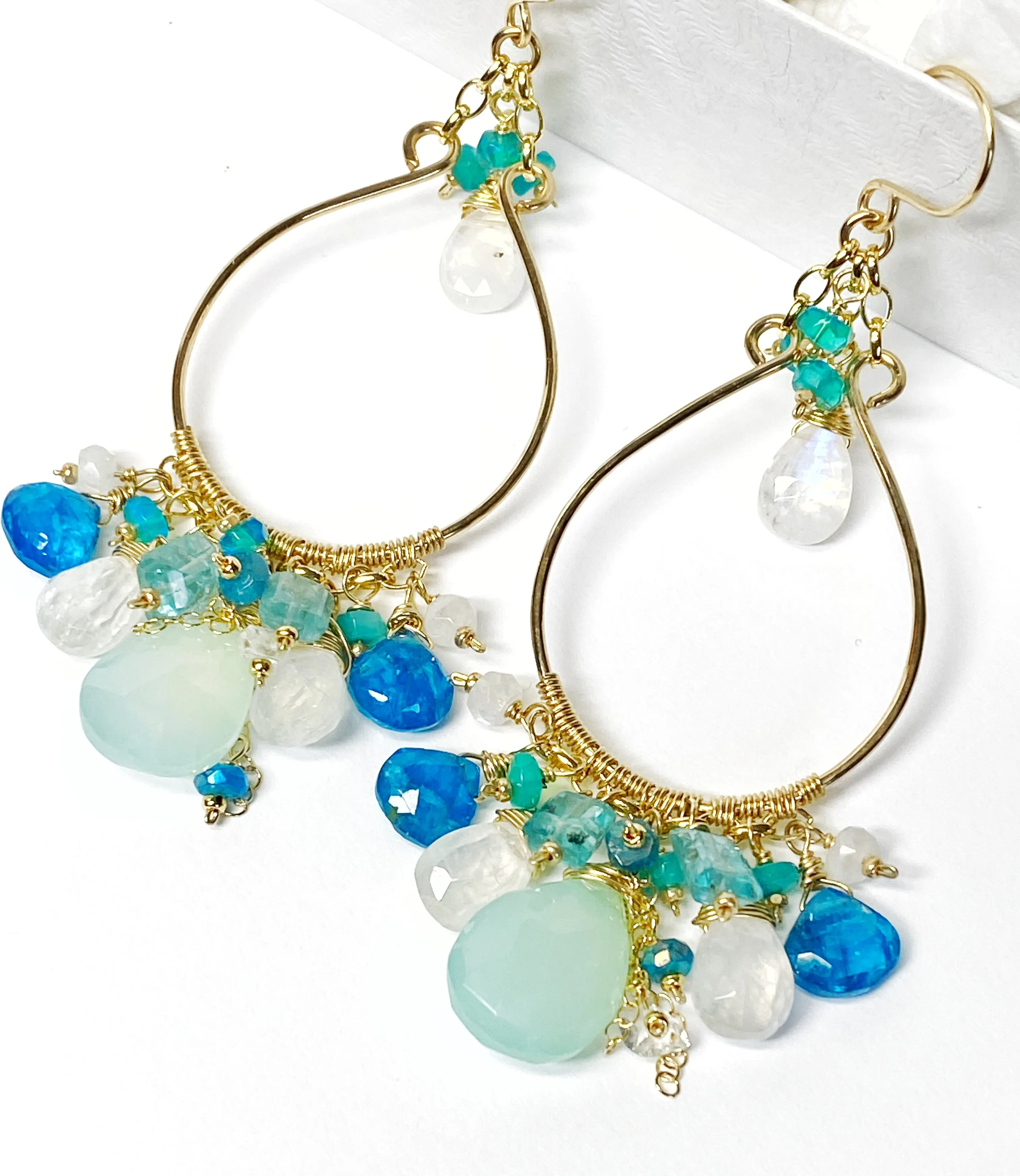 Aqua and Moonstone Statement Hoop Chandelier Earrings Gold