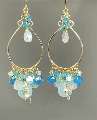 Aqua and Moonstone Statement Hoop Chandelier Earrings Gold