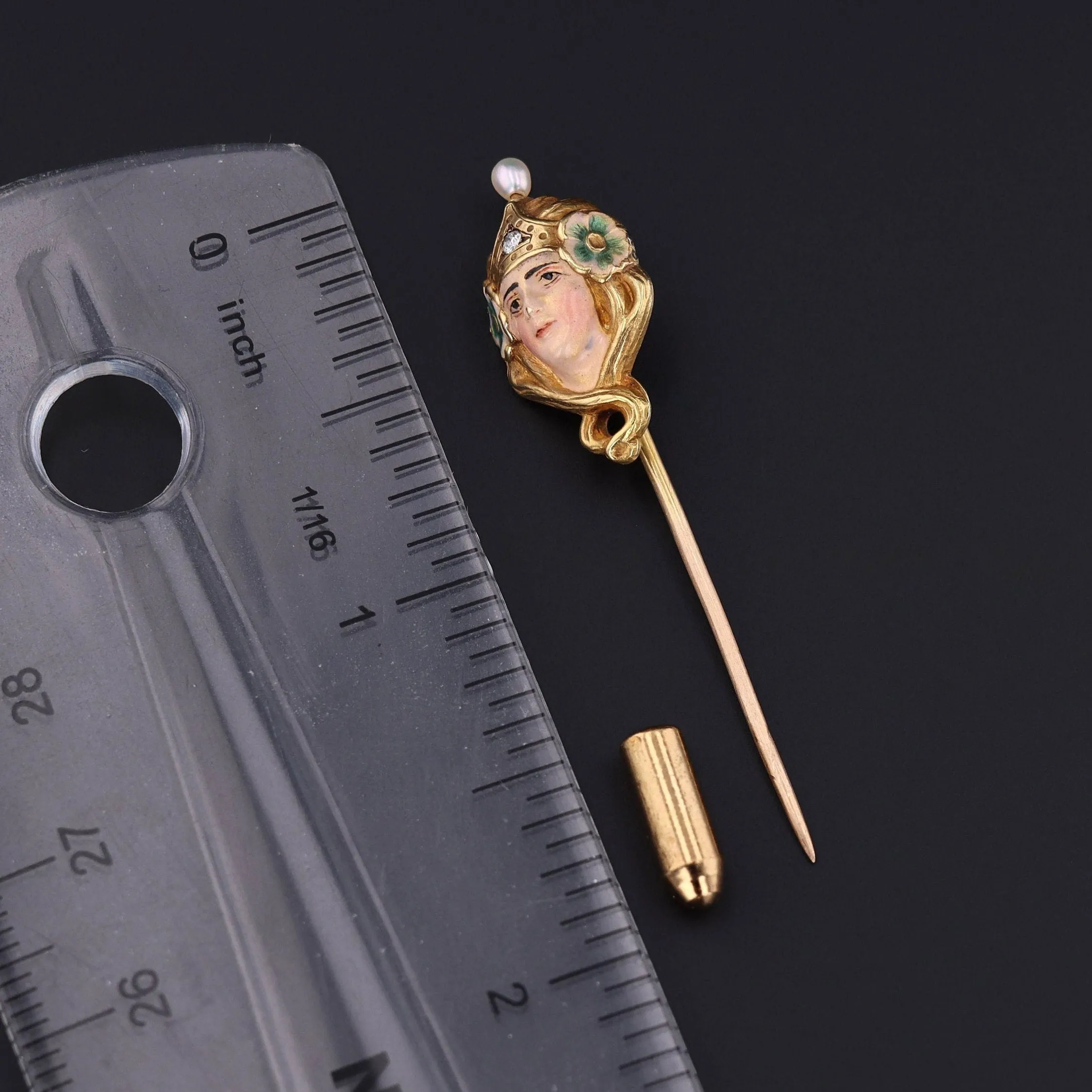 Art Nouveau Enamel Woman Stickpin of 14k Gold