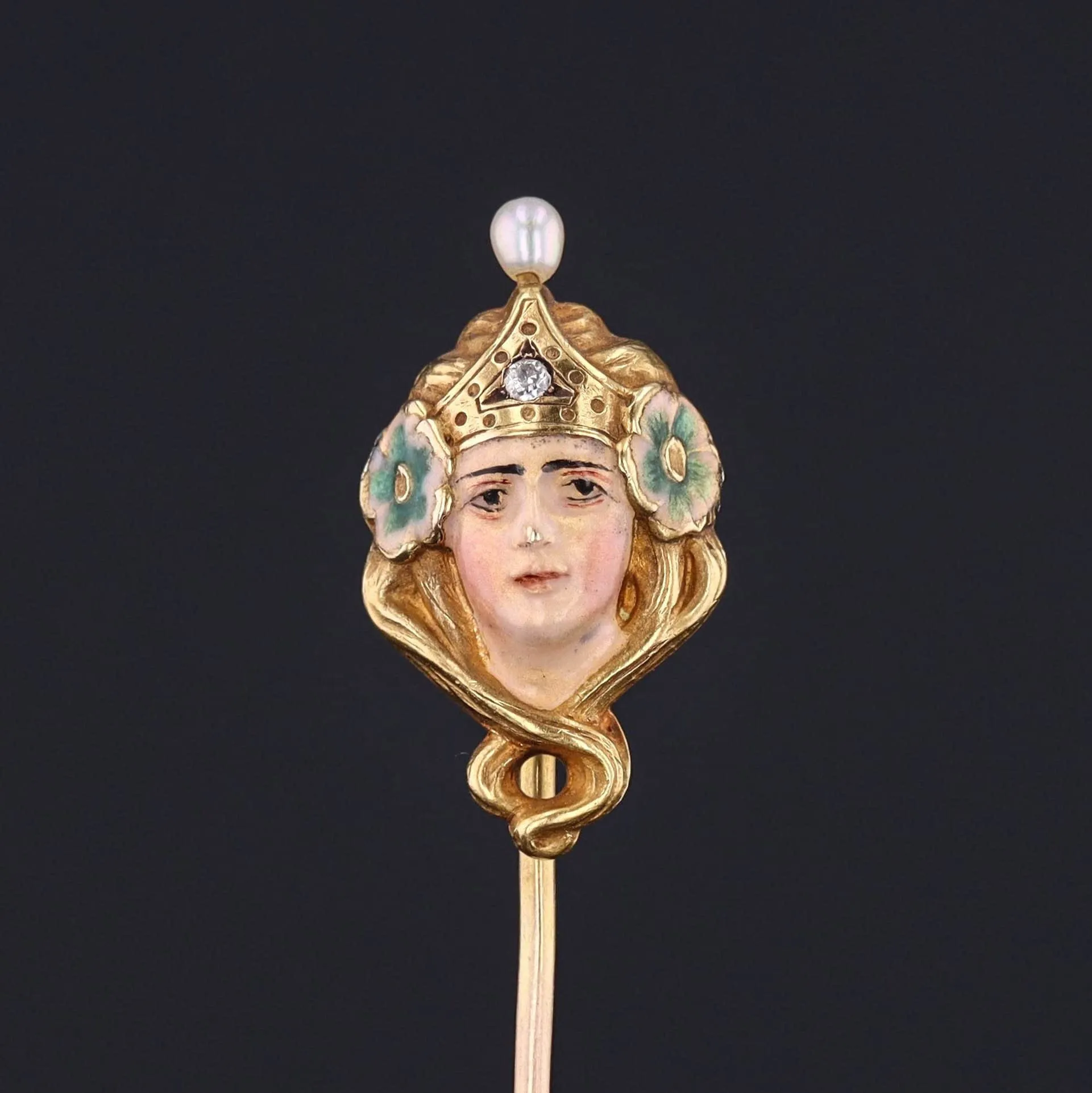Art Nouveau Enamel Woman Stickpin of 14k Gold