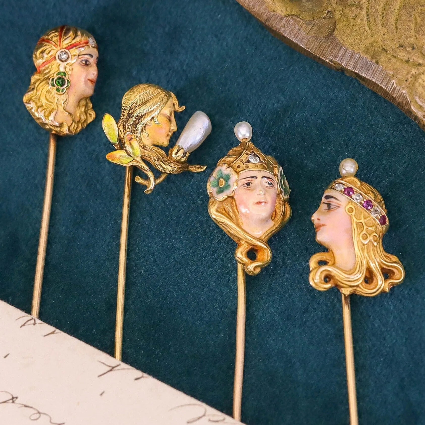 Art Nouveau Enamel Woman Stickpin of 14k Gold