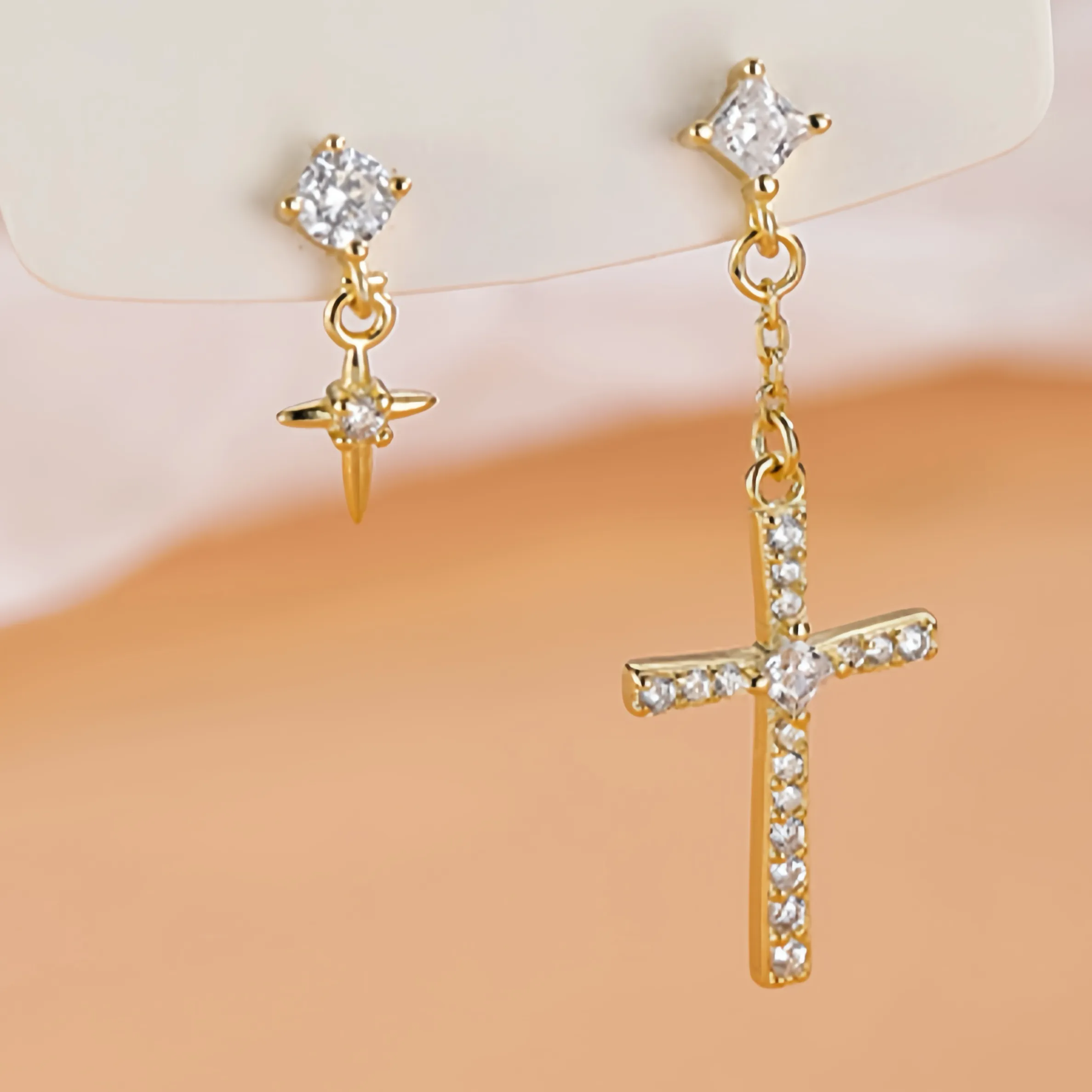 Asymmetry Cross Drop Studs Earrings-ECZ029