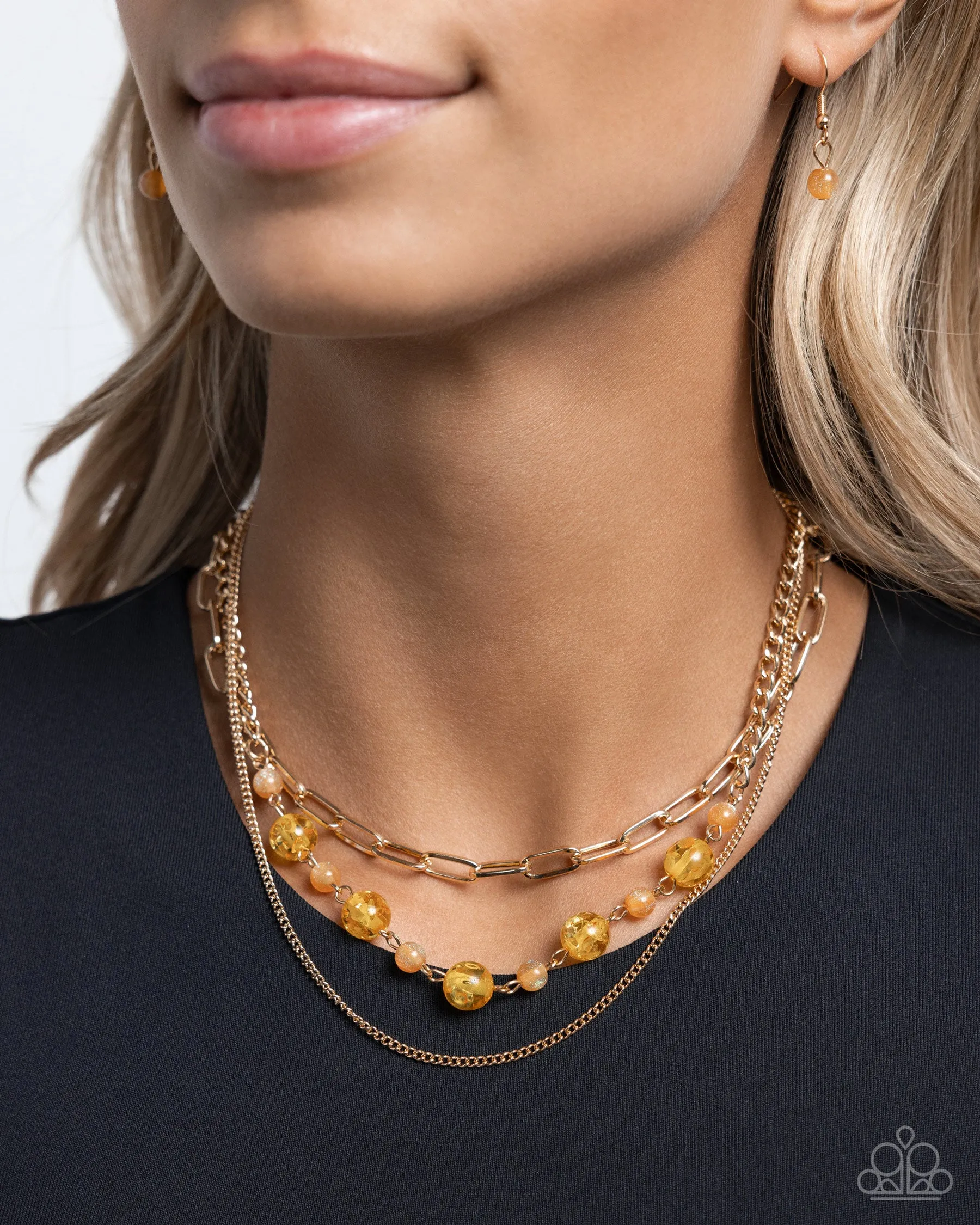 Beaded Behavior - Yellow - Opalescent and Glittery Bead Tiered Gold Paparazzi Short Necklace