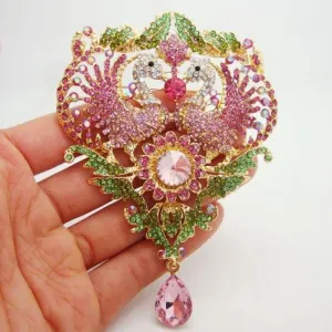 Beautiful Luxury Double Peacock Wings Animal Sunflower Pink Crystal Rhinestone Pendant Brooch Pin