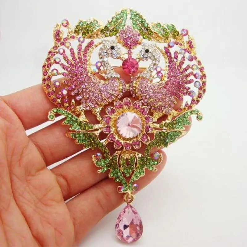 Beautiful Luxury Double Peacock Wings Animal Sunflower Pink Crystal Rhinestone Pendant Brooch Pin