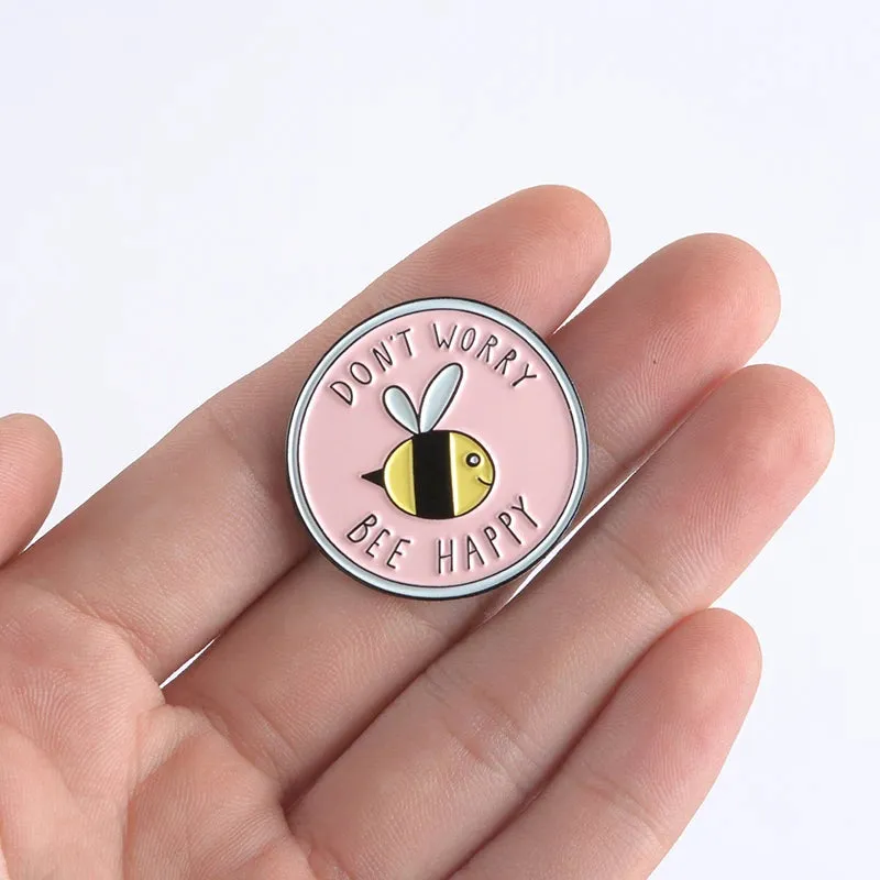 Bee Happy' Brooches Pink Cute Insect Bee Lapel Enamel pins Brooches Badges Clothes Bags pin Gift for Kids Cartoon 'Don't Worry