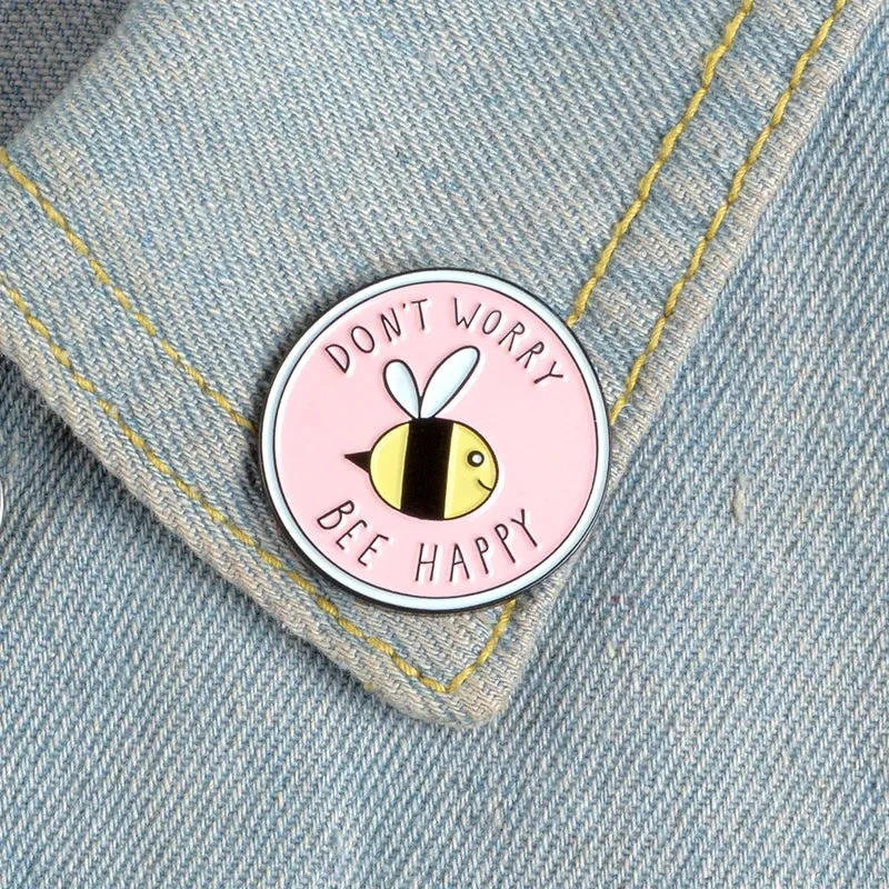 Bee Happy' Brooches Pink Cute Insect Bee Lapel Enamel pins Brooches Badges Clothes Bags pin Gift for Kids Cartoon 'Don't Worry