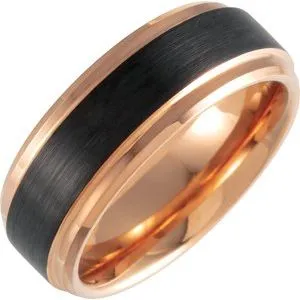 Black & 18K Rose Gold PVD Tungsten 8 mm Beveled-Edge Band Size 7.5 with Satin Finish