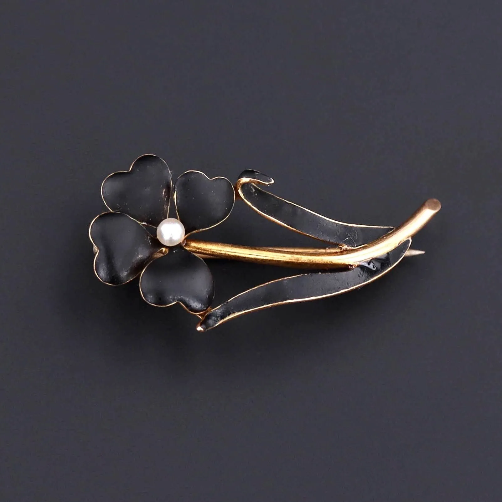 Black Enamel Flower Brooch | 14k Gold Brooch