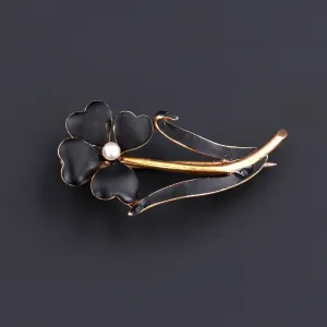 Black Enamel Flower Brooch | 14k Gold Brooch