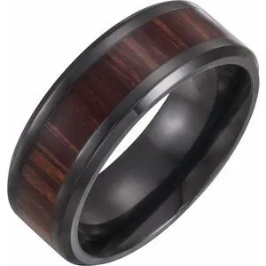 Black Titanium 8 mm Beveled-Edge Band with Wood Inlay Size 14
