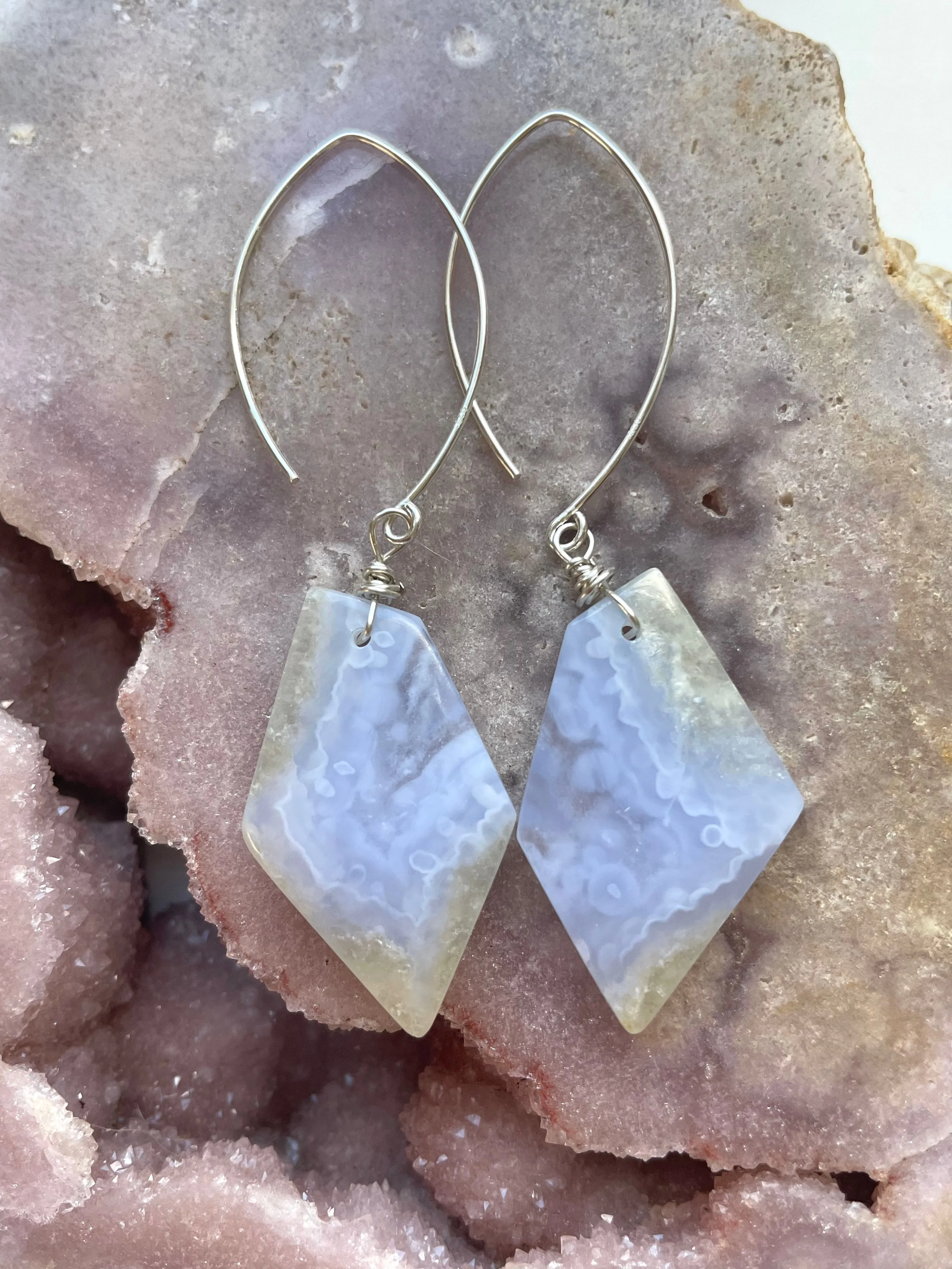 Blue Lace Agate Statement Earrings Sterling Silver