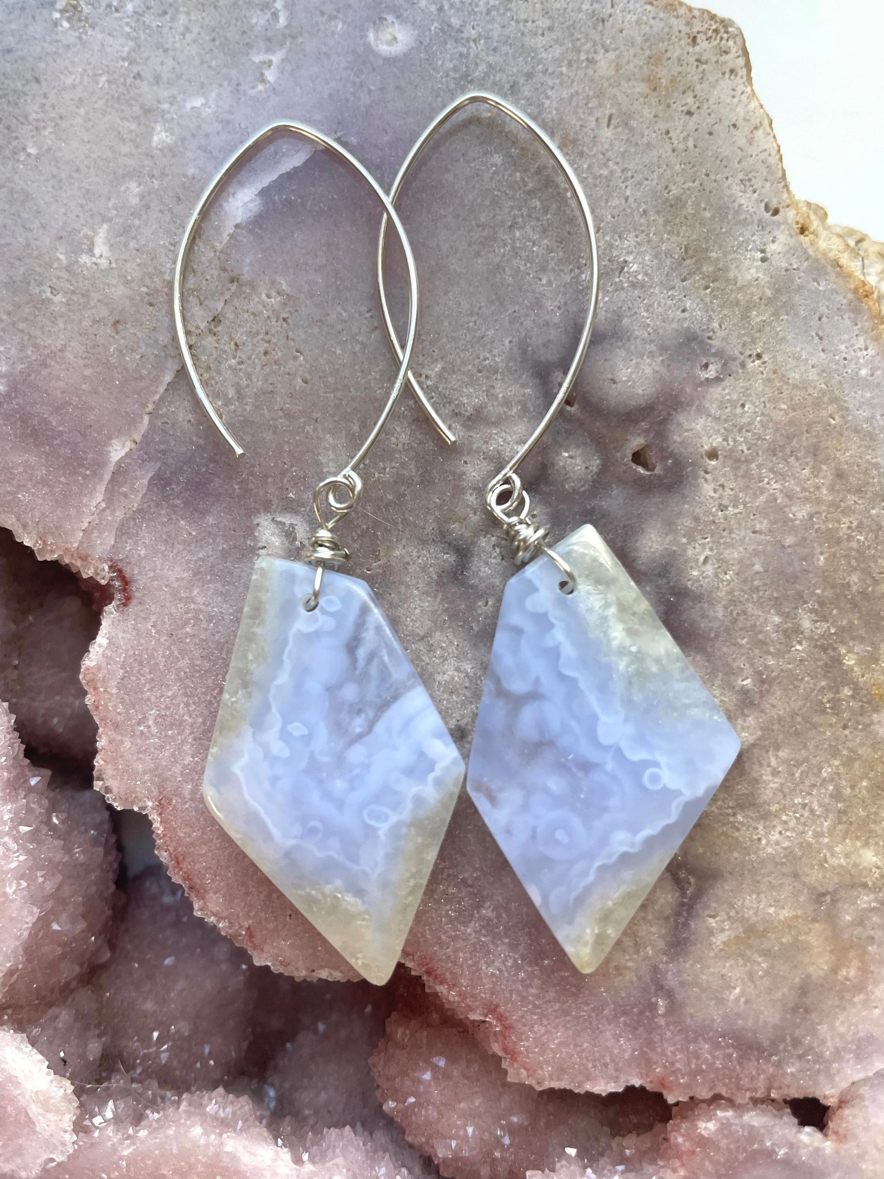 Blue Lace Agate Statement Earrings Sterling Silver