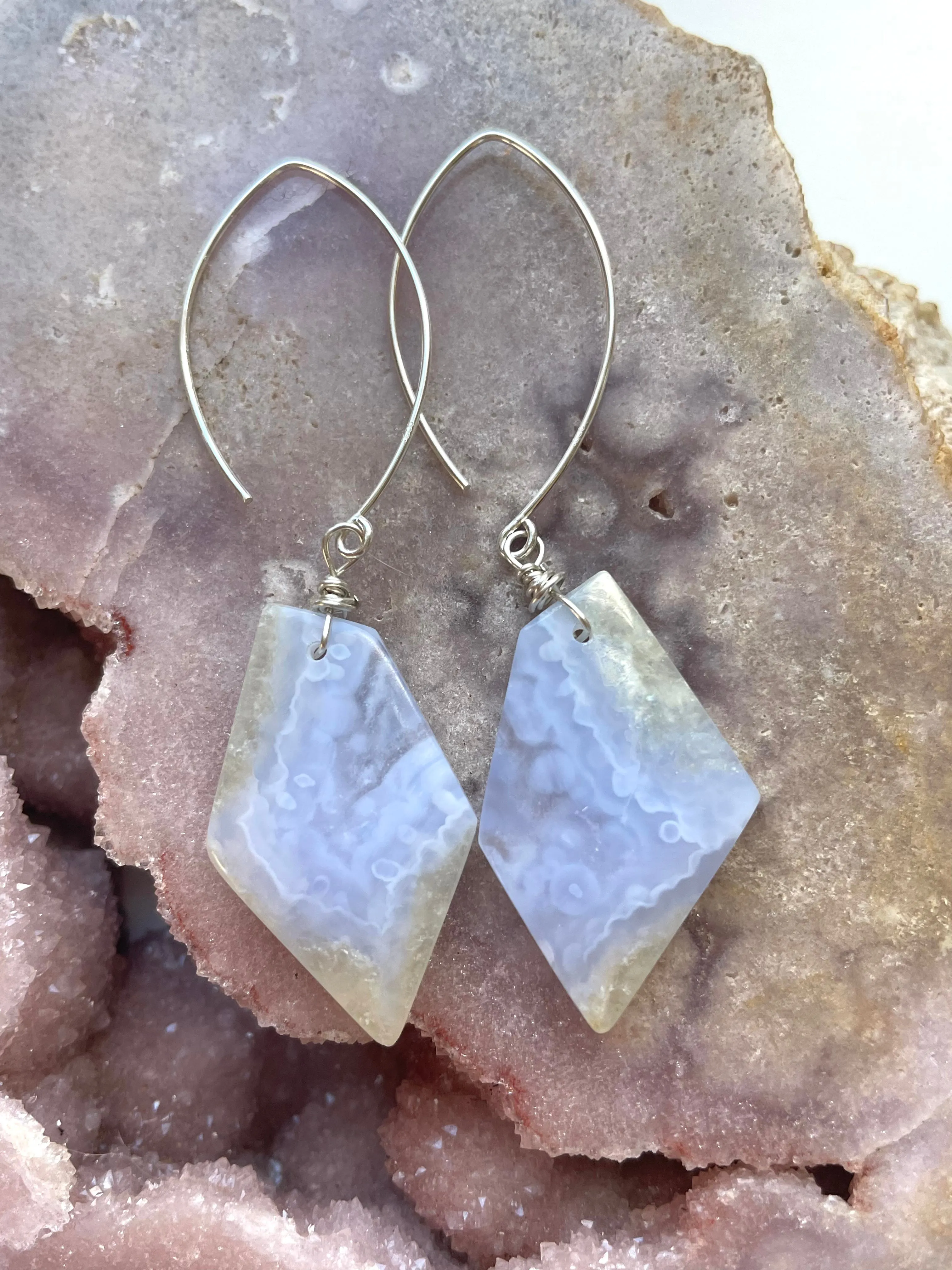 Blue Lace Agate Statement Earrings Sterling Silver