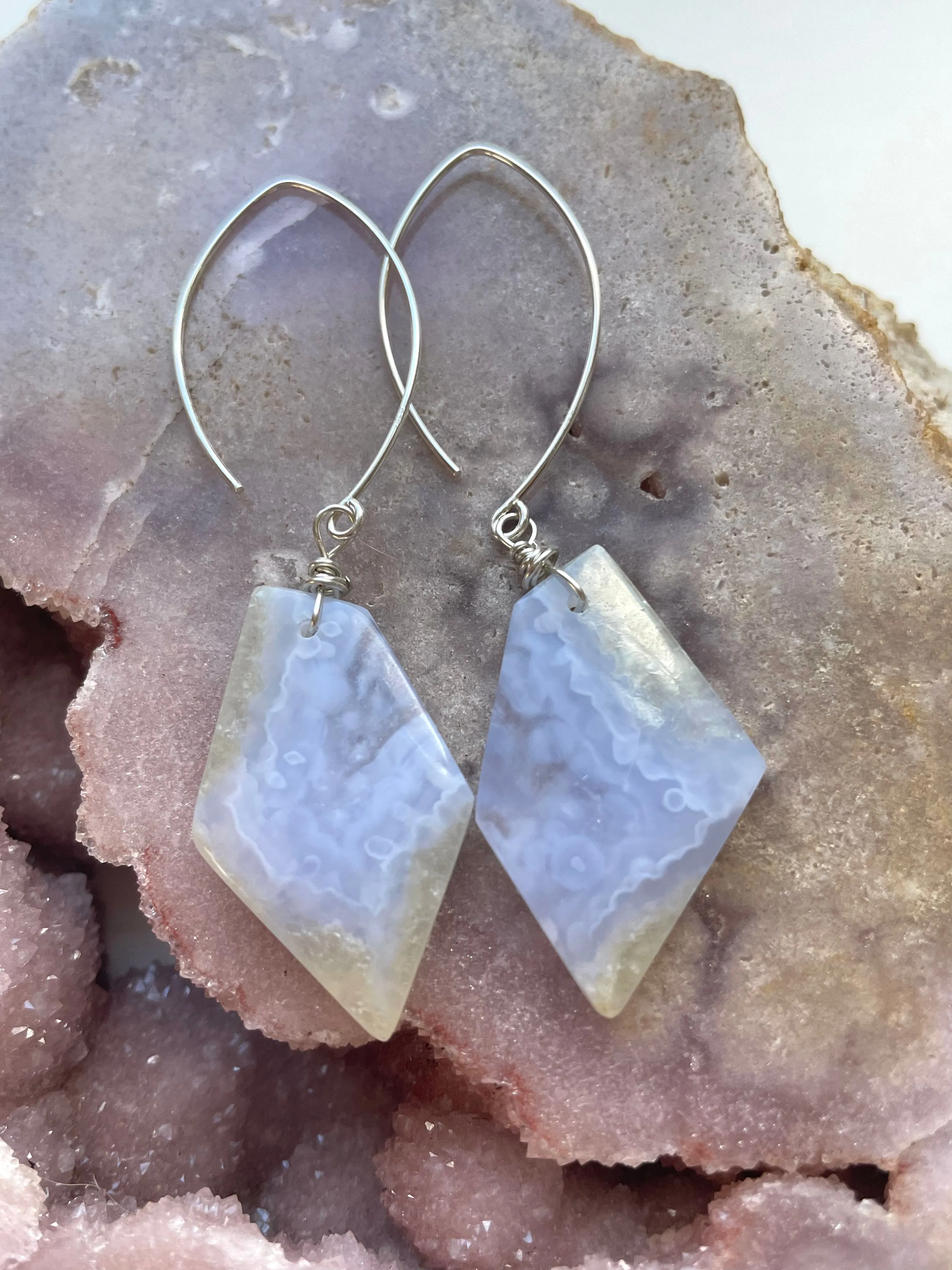 Blue Lace Agate Statement Earrings Sterling Silver