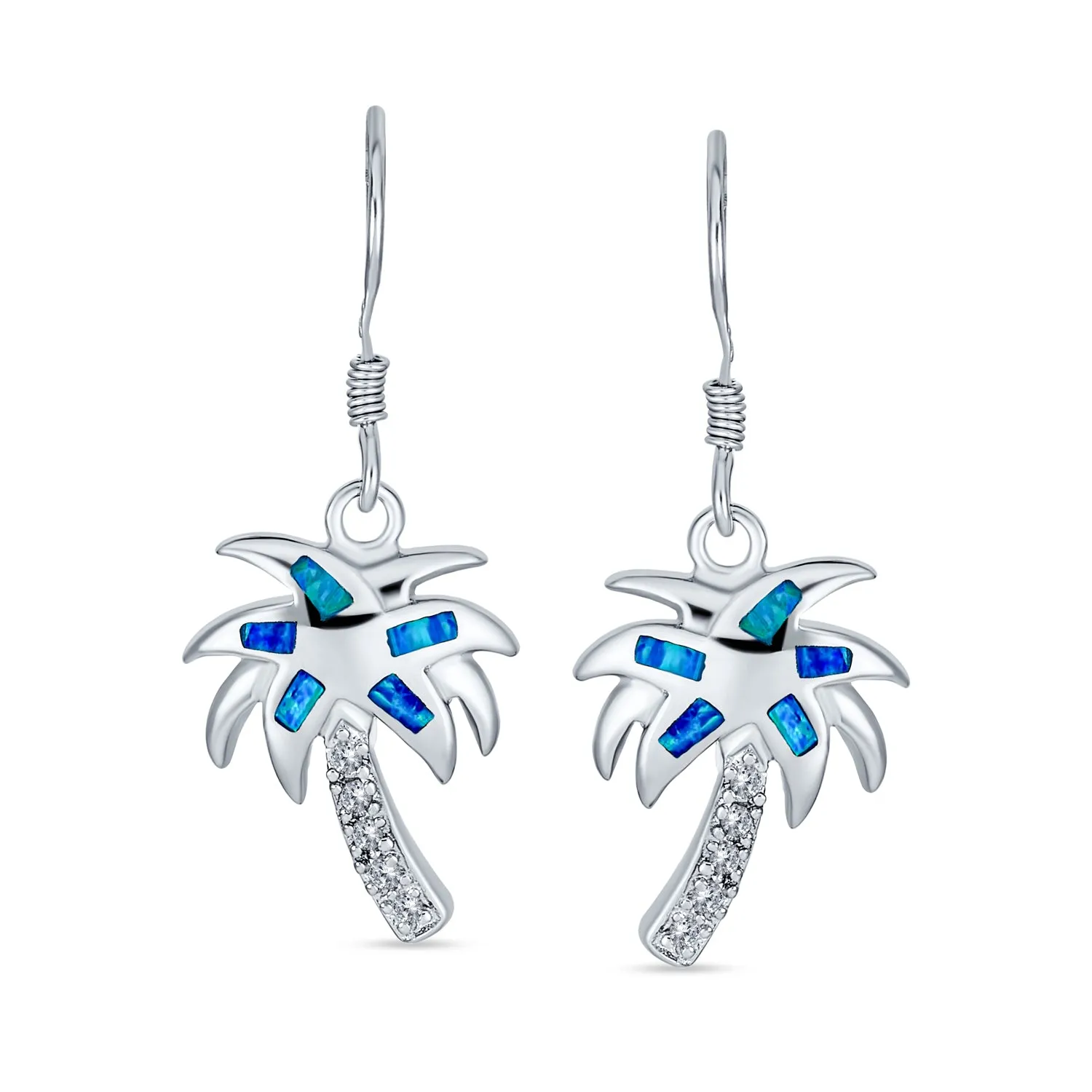 Blue Opal Palm Tree Dangle Gemstone Earrings in Sterling Silver with French Wire