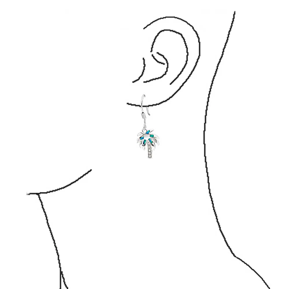 Blue Opal Palm Tree Dangle Gemstone Earrings in Sterling Silver with French Wire