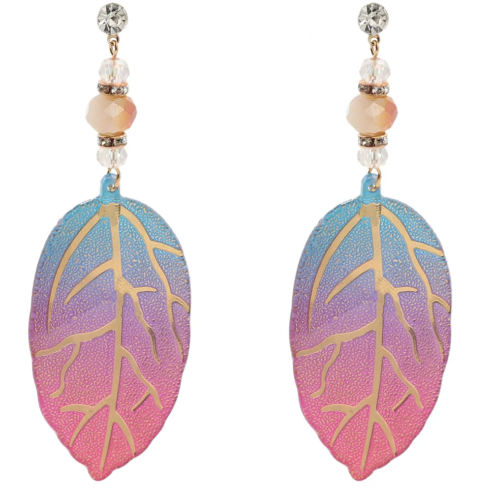 Blue Pink CZ Leaf Drop Earrings