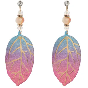 Blue Pink CZ Leaf Drop Earrings