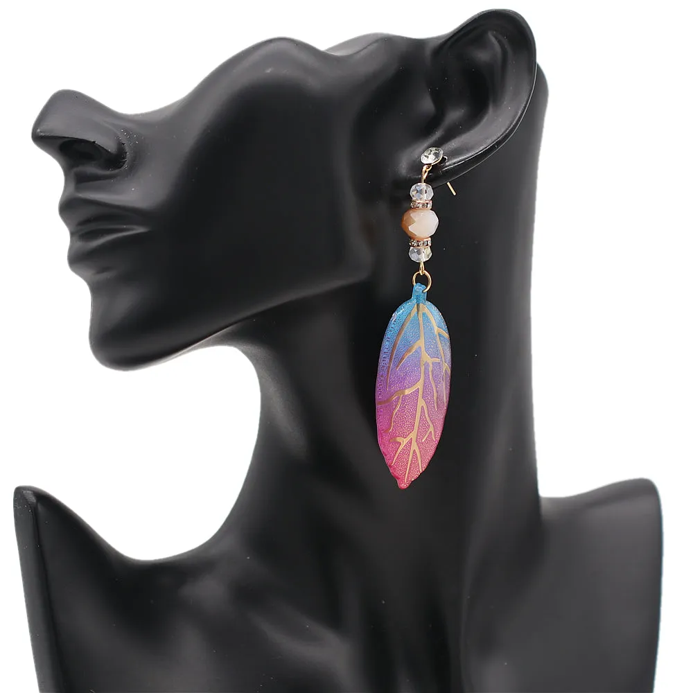 Blue Pink CZ Leaf Drop Earrings