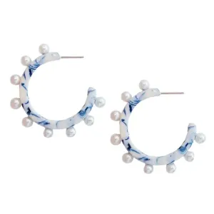 Blue White Pearl Hoop Earring