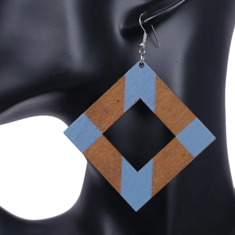 Blue Wooden Rhombus Shape Dangle Earrings