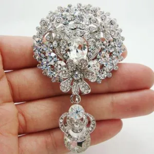 Bride 3 Flower Cluster Drop Bridesmaid Wedding Pendant Brooch Pin Clear Rhinestone Crystal
