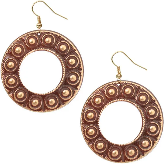 Brown Round Spotted Metal Earrings