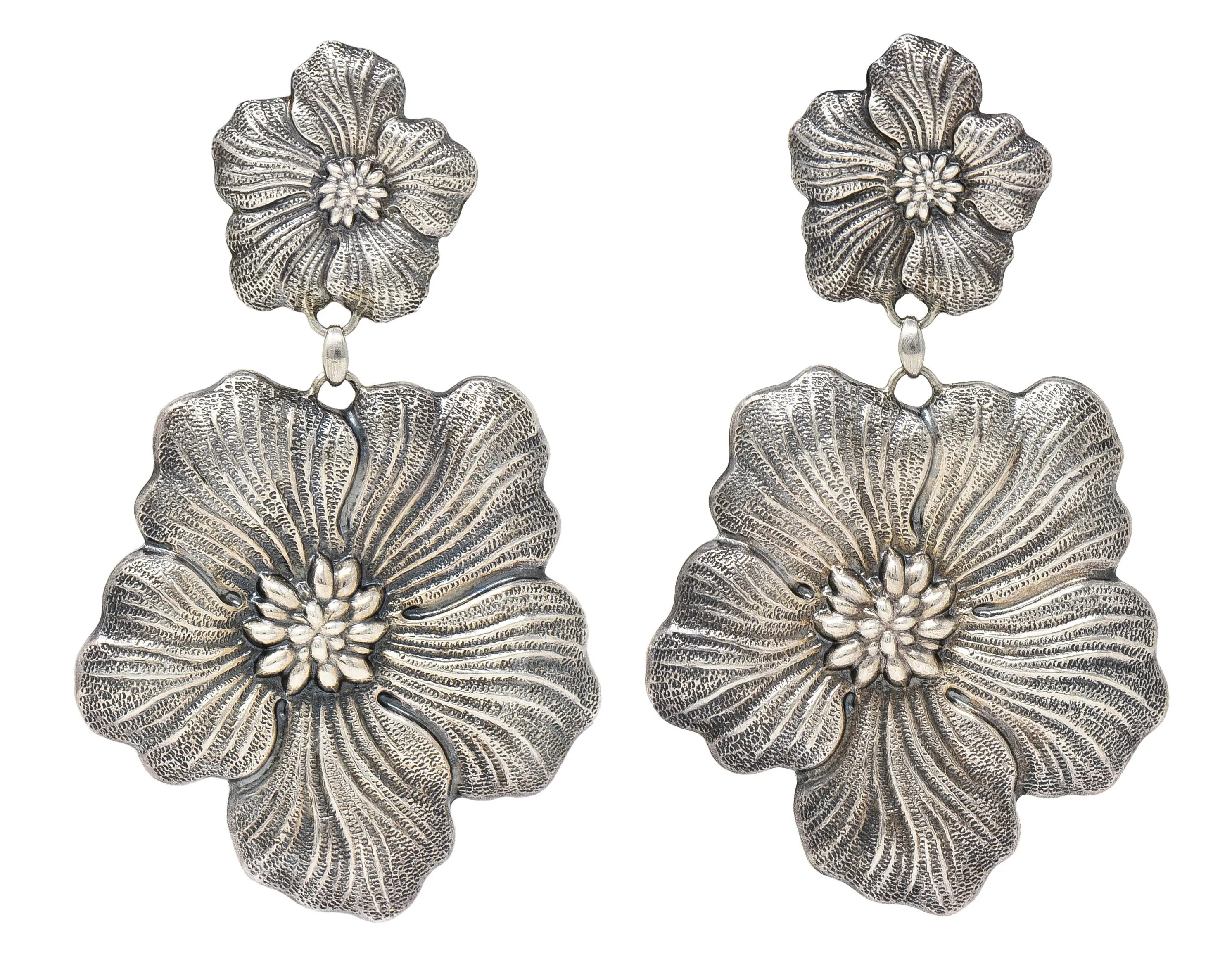 Buccellati Sterling Silver Gardenia Blossom Flower Drop Earrings