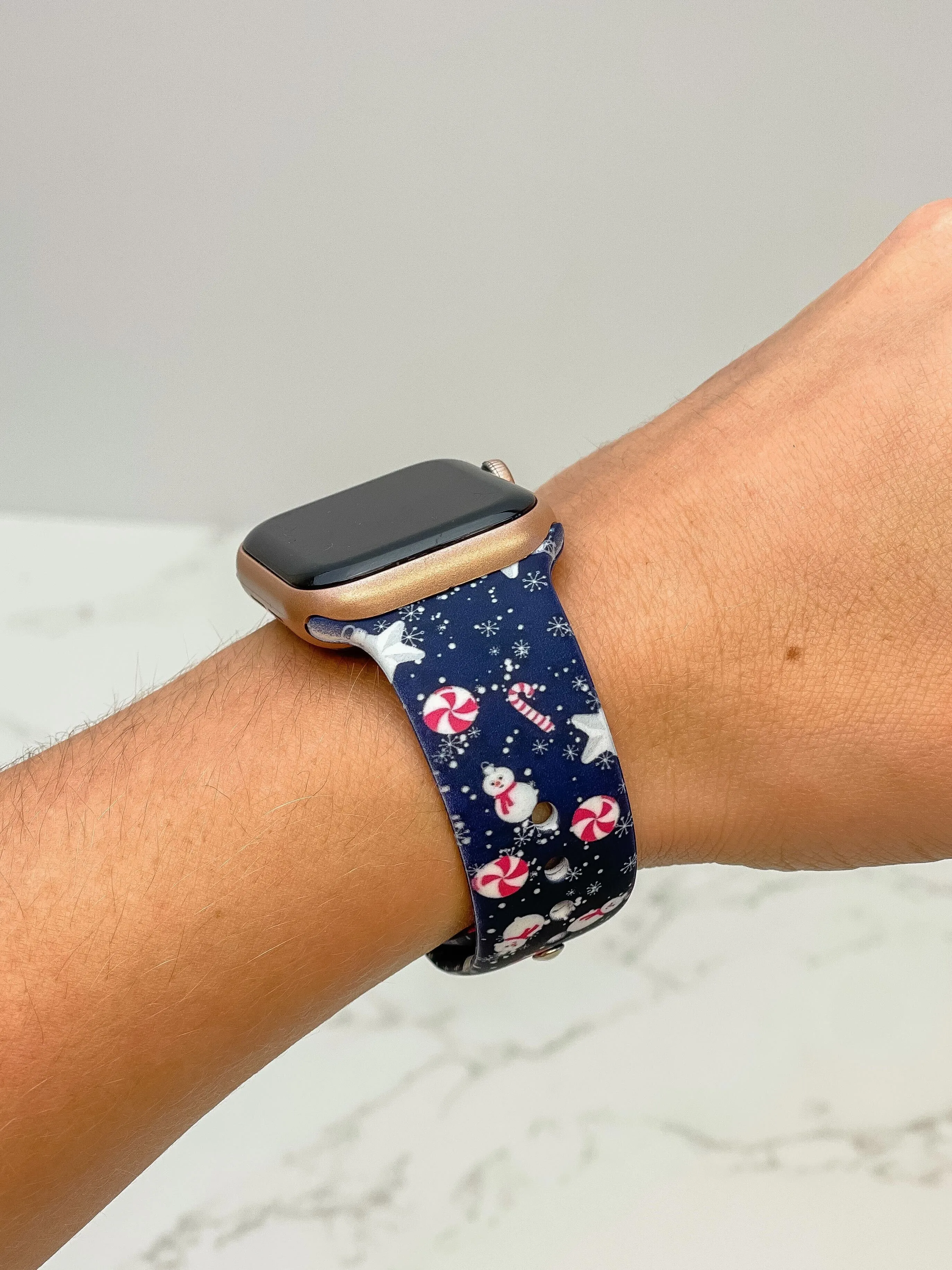 Candy Cane Snowman Printed Silicone Smart Watch Band - Blue