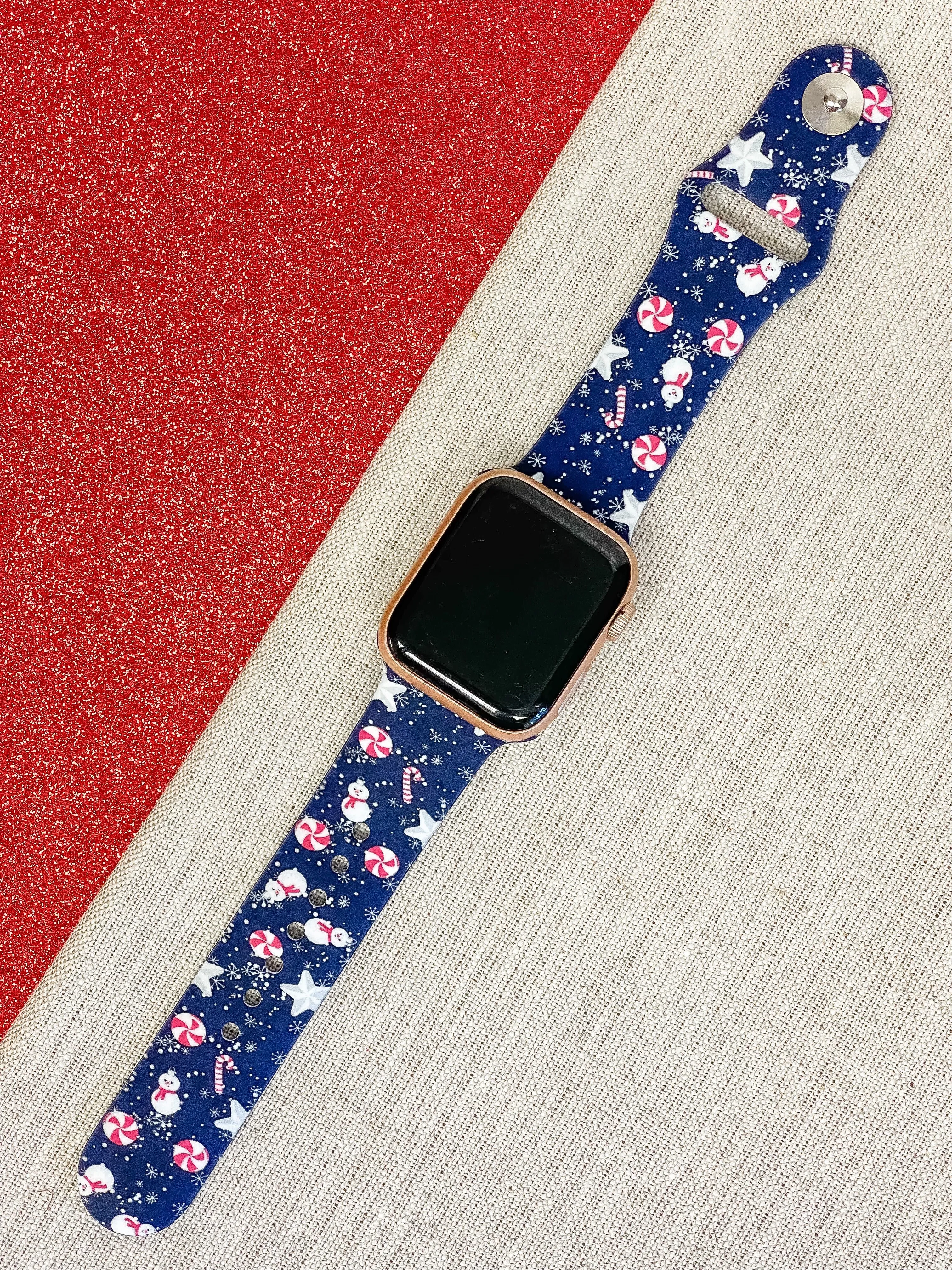 Candy Cane Snowman Printed Silicone Smart Watch Band - Blue