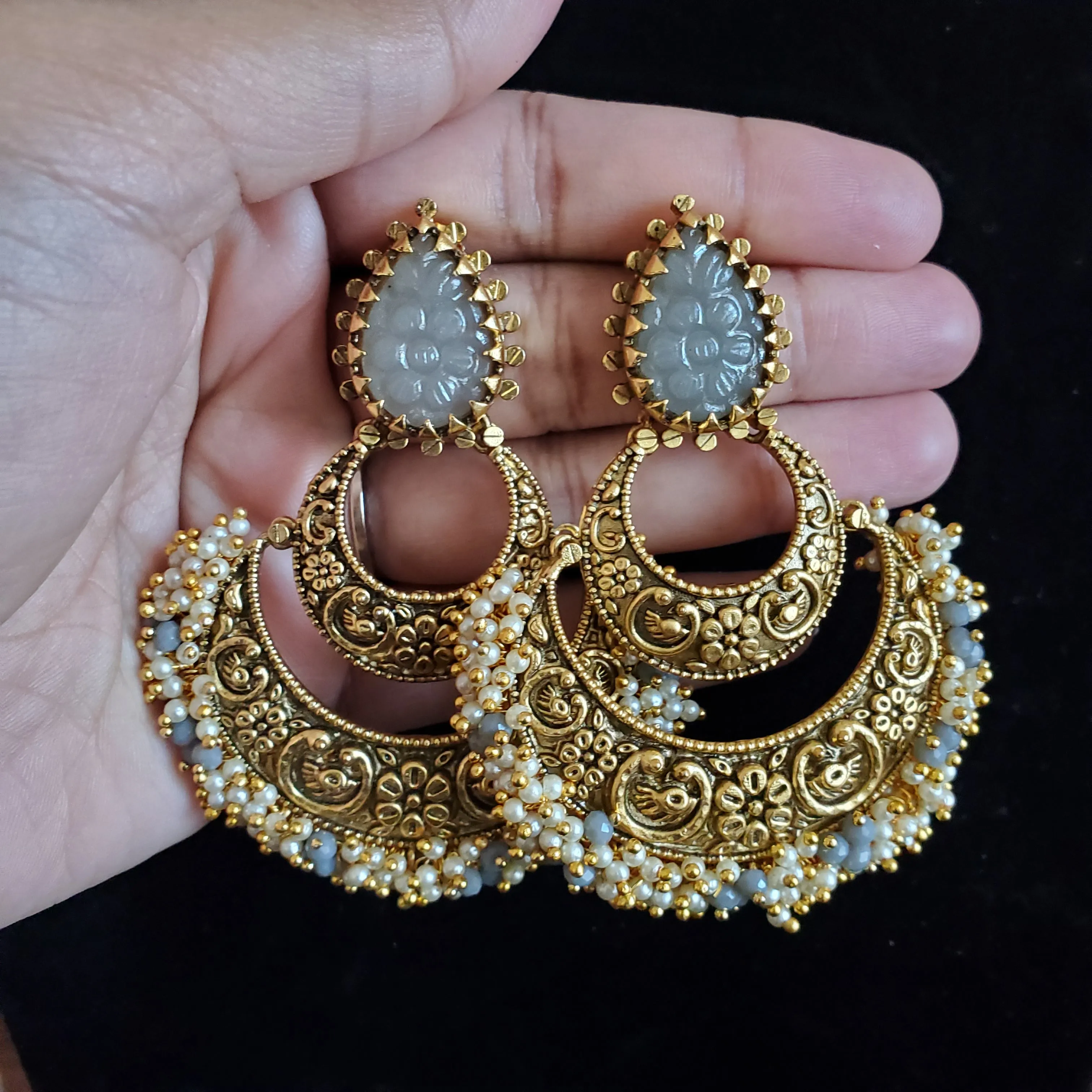 Carved Stone Big Statement Earrings Grey