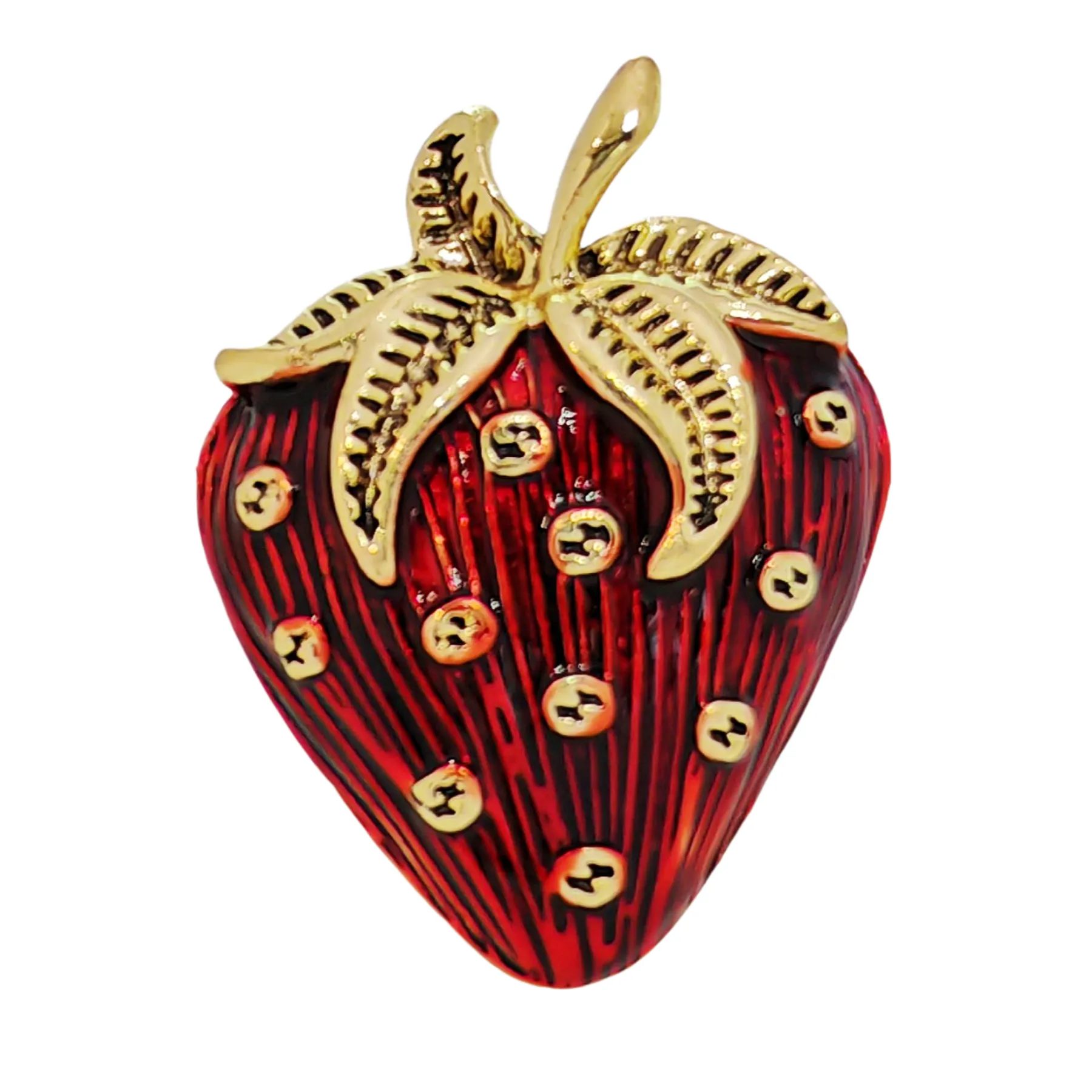 Charming Gold - toned Strawberry - shaped Enamel Brooch
