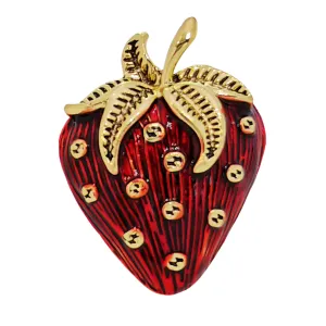 Charming Gold - toned Strawberry - shaped Enamel Brooch