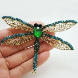 Charming Green Dragonfly Gold Tone Art Style Brooch Pin Rhinestone Crystal