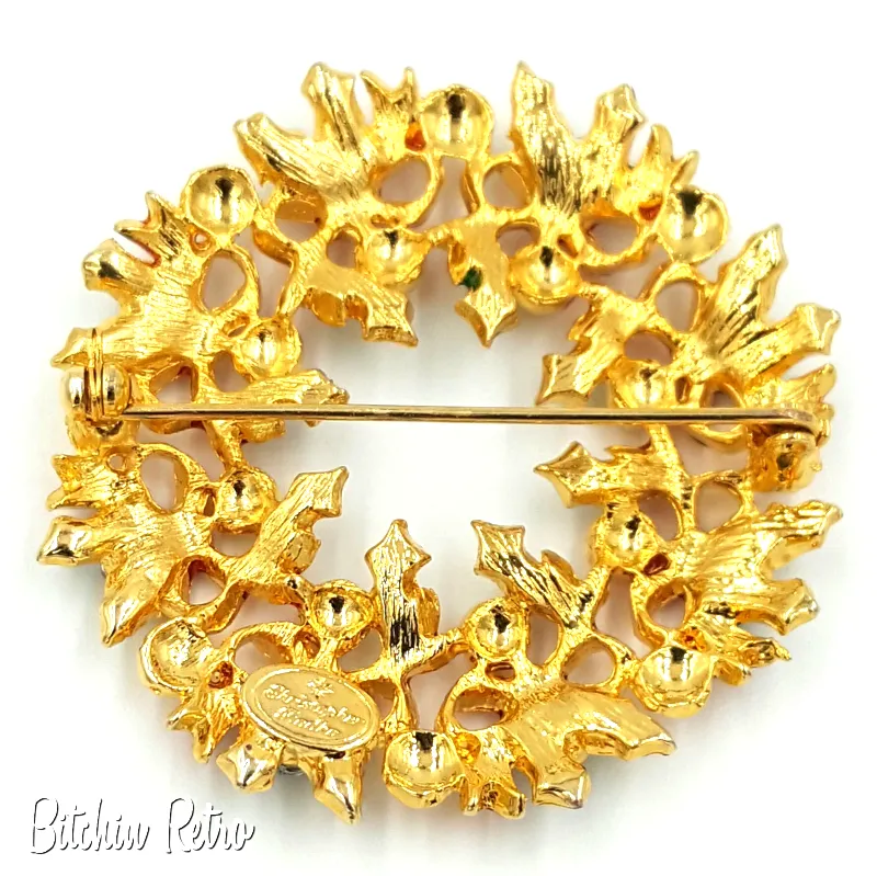 Christopher Radko Christmas Wreath Brooch with Green Enameled Holly