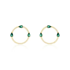 Circle Pave Cubic Zirconia With Three Teardrops Earrings - Gold Green And White