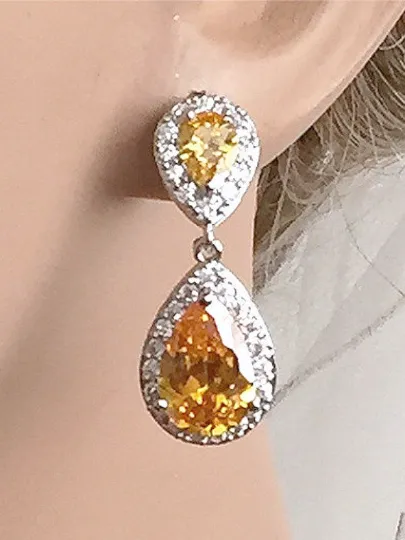Citrine Topaz Teardrop Wedding Earrings, Sunflower Yellow CZ Crystal Drop Bridal Earrings, Yellow Wedding, Yellow Bridesmaid Earrings
