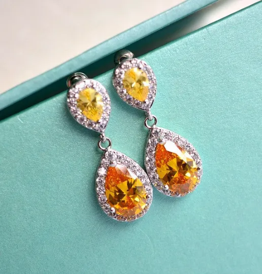 Citrine Topaz Teardrop Wedding Earrings, Sunflower Yellow CZ Crystal Drop Bridal Earrings, Yellow Wedding, Yellow Bridesmaid Earrings