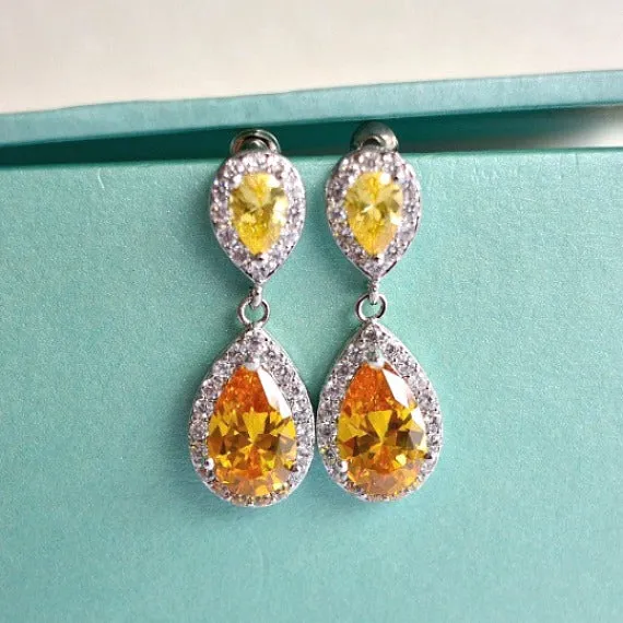 Citrine Topaz Teardrop Wedding Earrings, Sunflower Yellow CZ Crystal Drop Bridal Earrings, Yellow Wedding, Yellow Bridesmaid Earrings