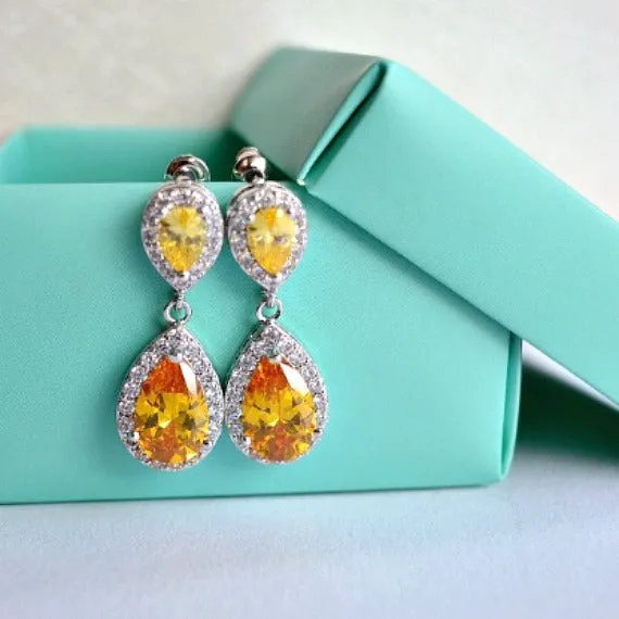 Citrine Topaz Teardrop Wedding Earrings, Sunflower Yellow CZ Crystal Drop Bridal Earrings, Yellow Wedding, Yellow Bridesmaid Earrings