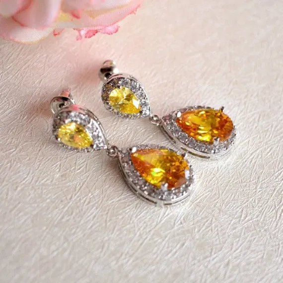 Citrine Topaz Teardrop Wedding Earrings, Sunflower Yellow CZ Crystal Drop Bridal Earrings, Yellow Wedding, Yellow Bridesmaid Earrings
